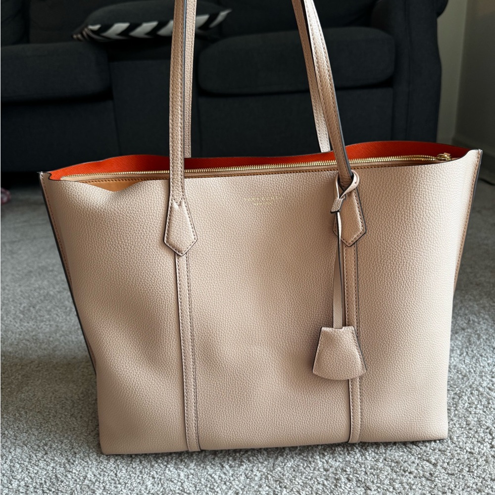 Tory Burch Tan and Orange Tote Bag with Structured Design